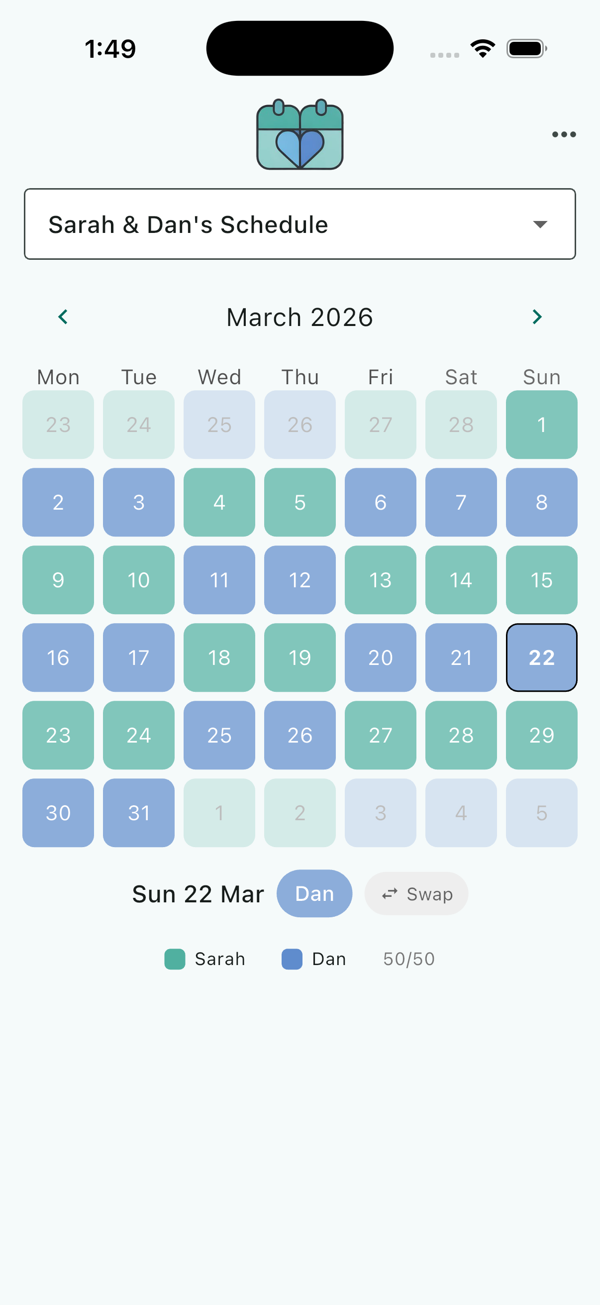 splittime co-parenting calendar showing whose night it is